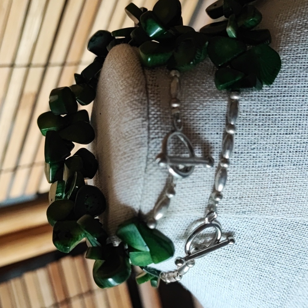 Set of 3 Flat Teardrop Emerald Green Agate? Necklace Earrings Bracelet Parure - Picture 9 of 12